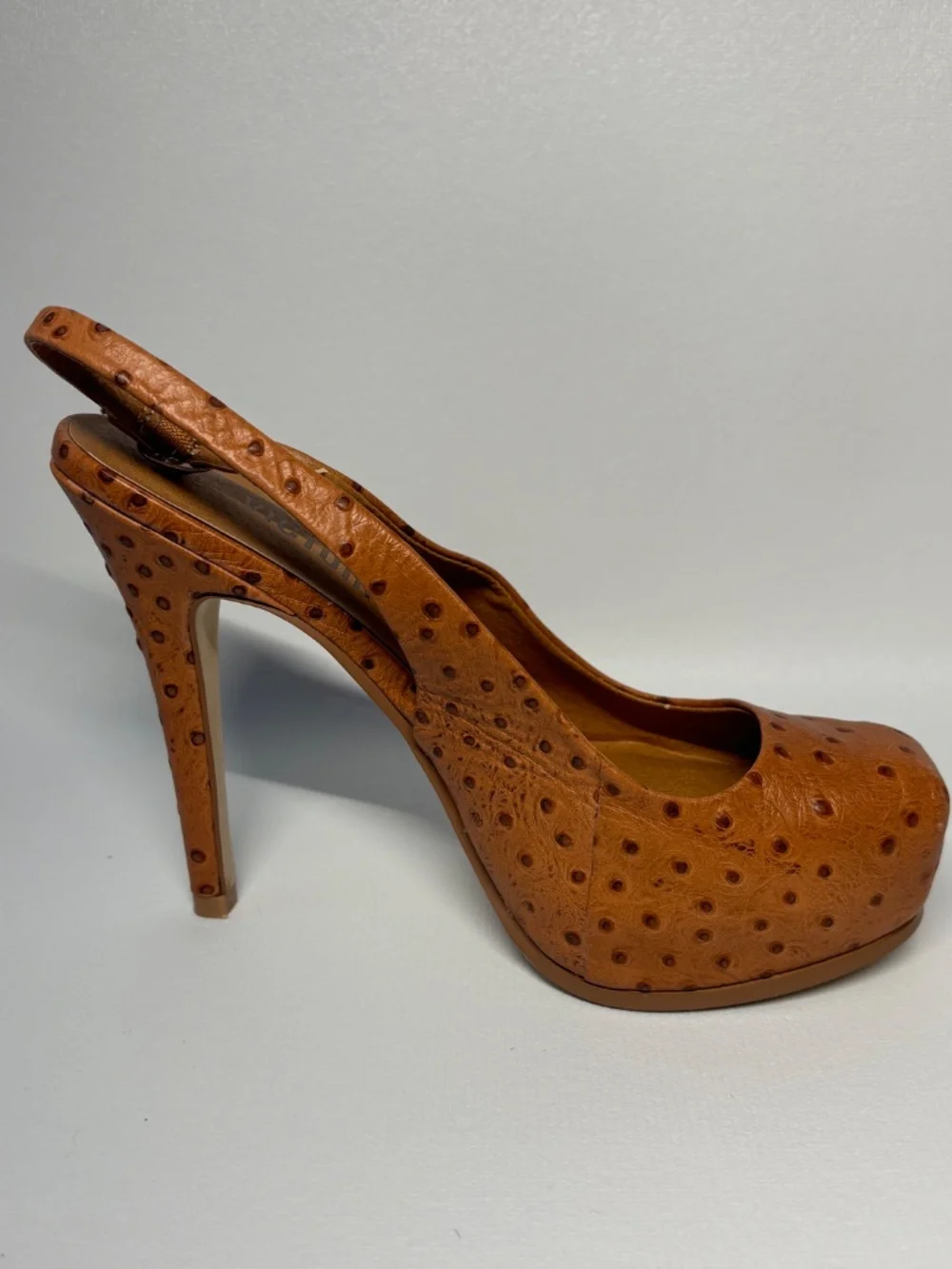 La Victoire Ostrich Embossed Leather Platform Slingback Heels Brown Size 6